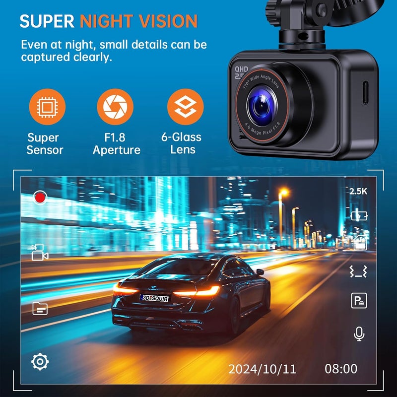 E-YEEGER Dash Cam Front and Rear, 2.5K Dual Dash Camera for Cars, 2560P Mini Car Camera, 2 inch IPS Screen, 32GB Card Included, WDR Night Vision, 24 Hours Parking Monitor, G-Sensor, Support 256 GB Max - Image 4